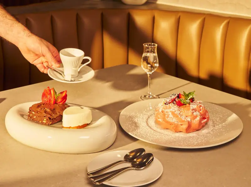 Desserts and espresso served in a booth at Five Corners Ristorante
