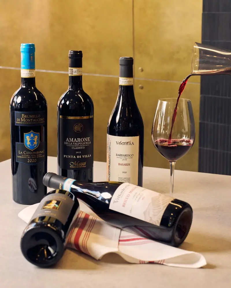 Selection from the wine list at Five Corners Ristorante: Brunello, Amarone, Nebbiolo, Chianti